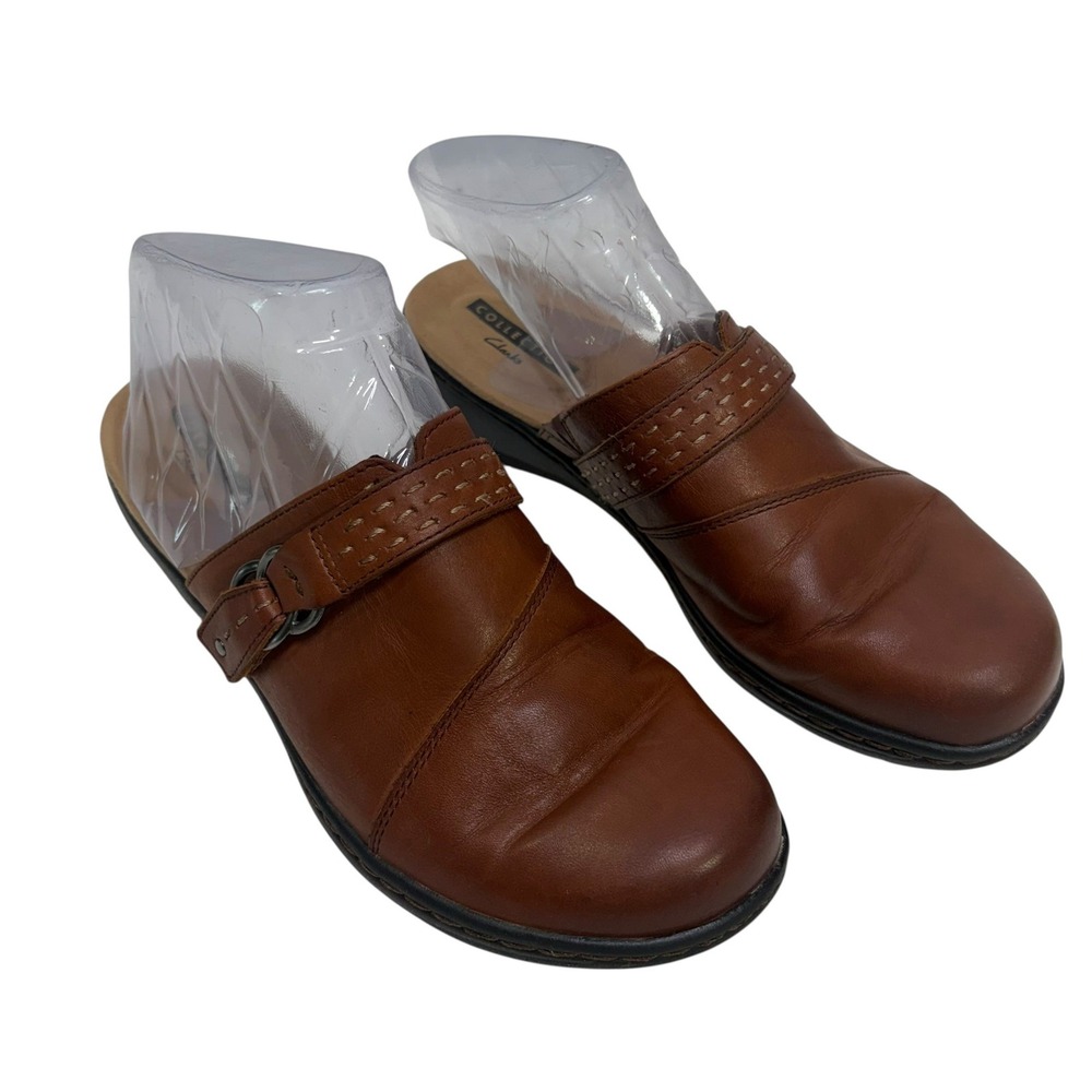 Clarks Collection Brown Leather Mules Soft Cushion Clogs Womens 8.5 M